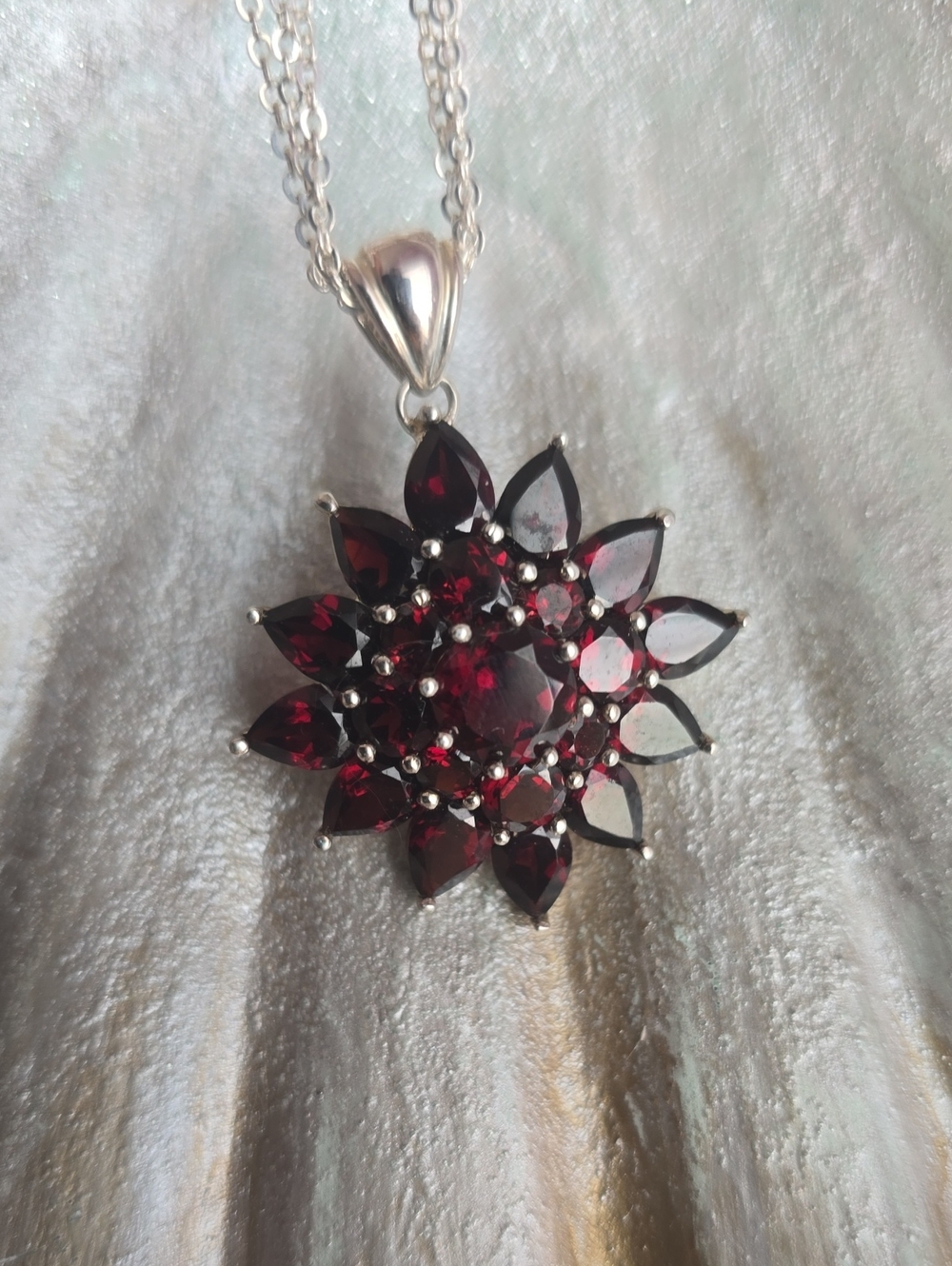Sterling Silver Garnet Flower Pendant Necklace